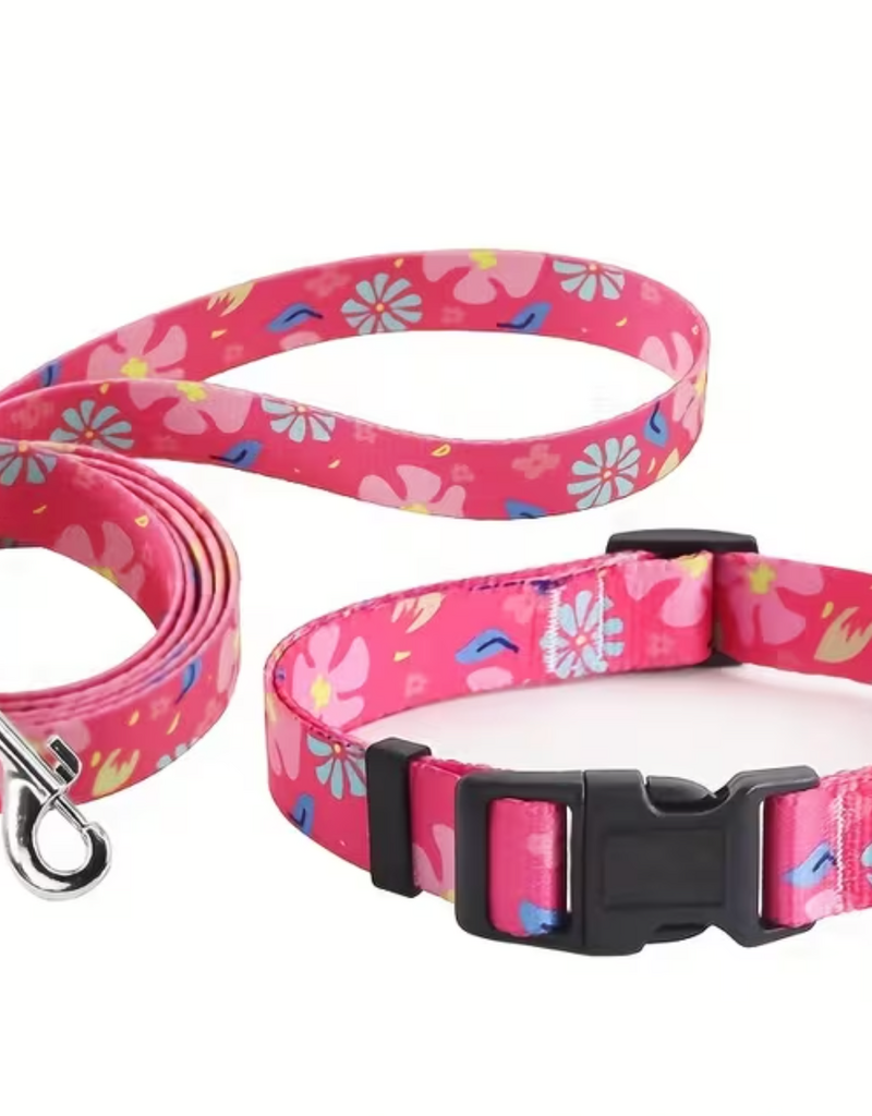 Temu Adjustable Dog Collar & Leash Set - Pink Pattern - XS