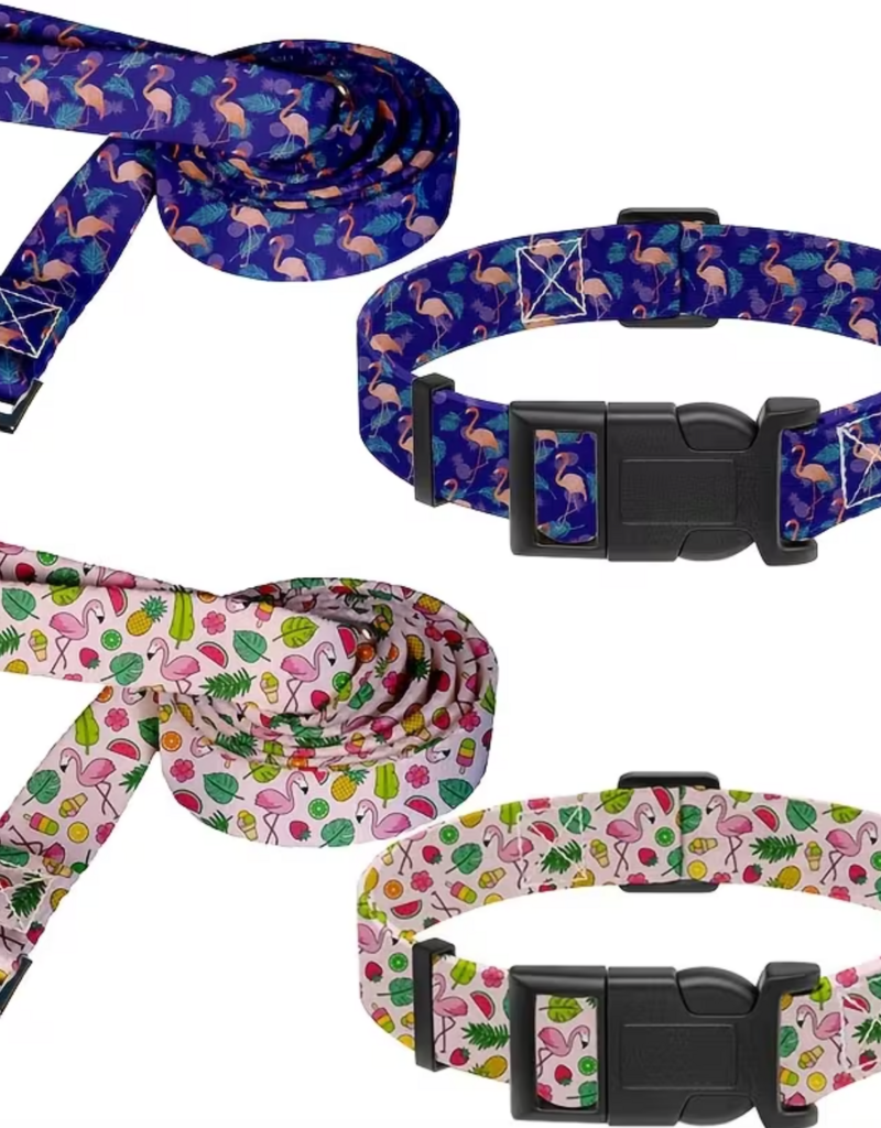 Temu Adjustable Dog Collar & Leash Set - Assorted Flamingo Patterns - LG