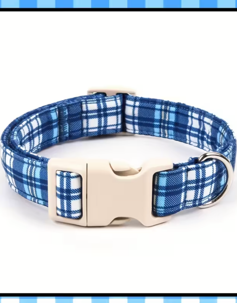 Temu Adjustable Dog Collar - Blue Tartan - Small