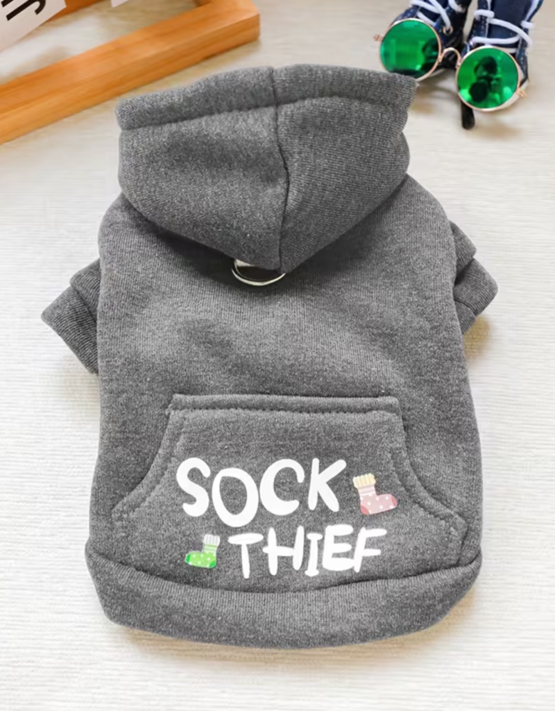 BinBin Pet Hoodie with Pocket - Sock Thief Dark Grey - Large