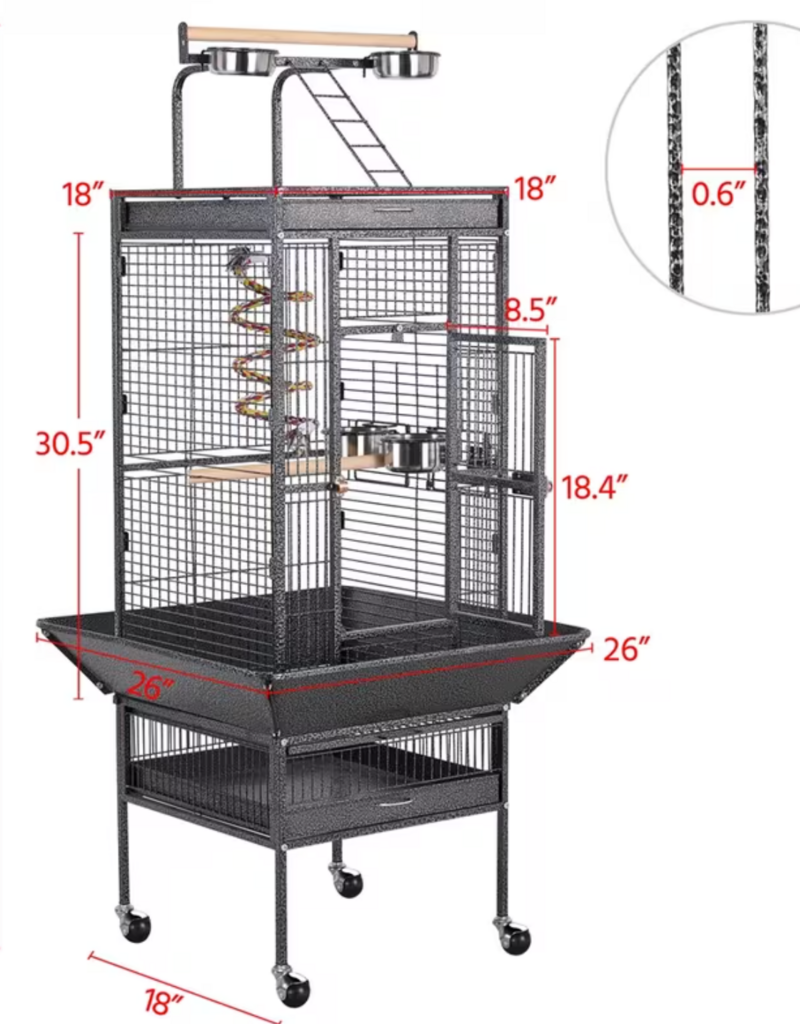 Temu Alden Design Bird Cage with Play Top - Black - 26" x 18" x 61.5"
