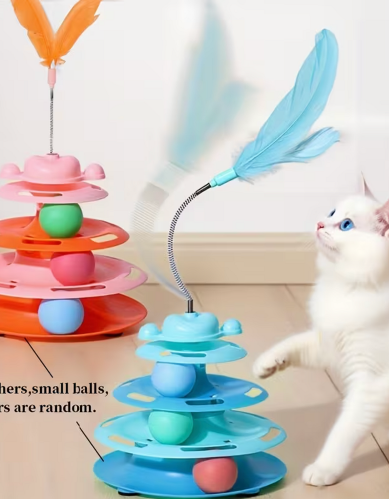 Temu Cat Carousel Toy - Feather and Rotating Rolling Ball - Assorted Colours