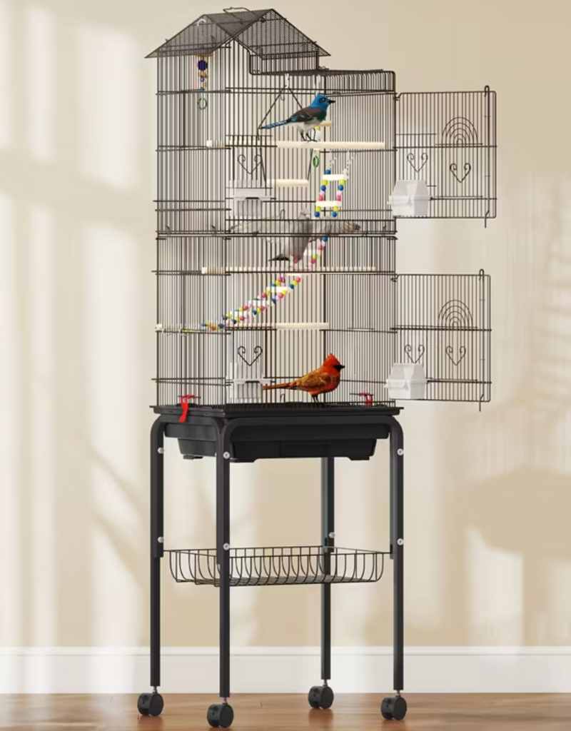 Temu Pet Paradise Bird Cage with Rolling Stand and Storage Shelf - Black 62"