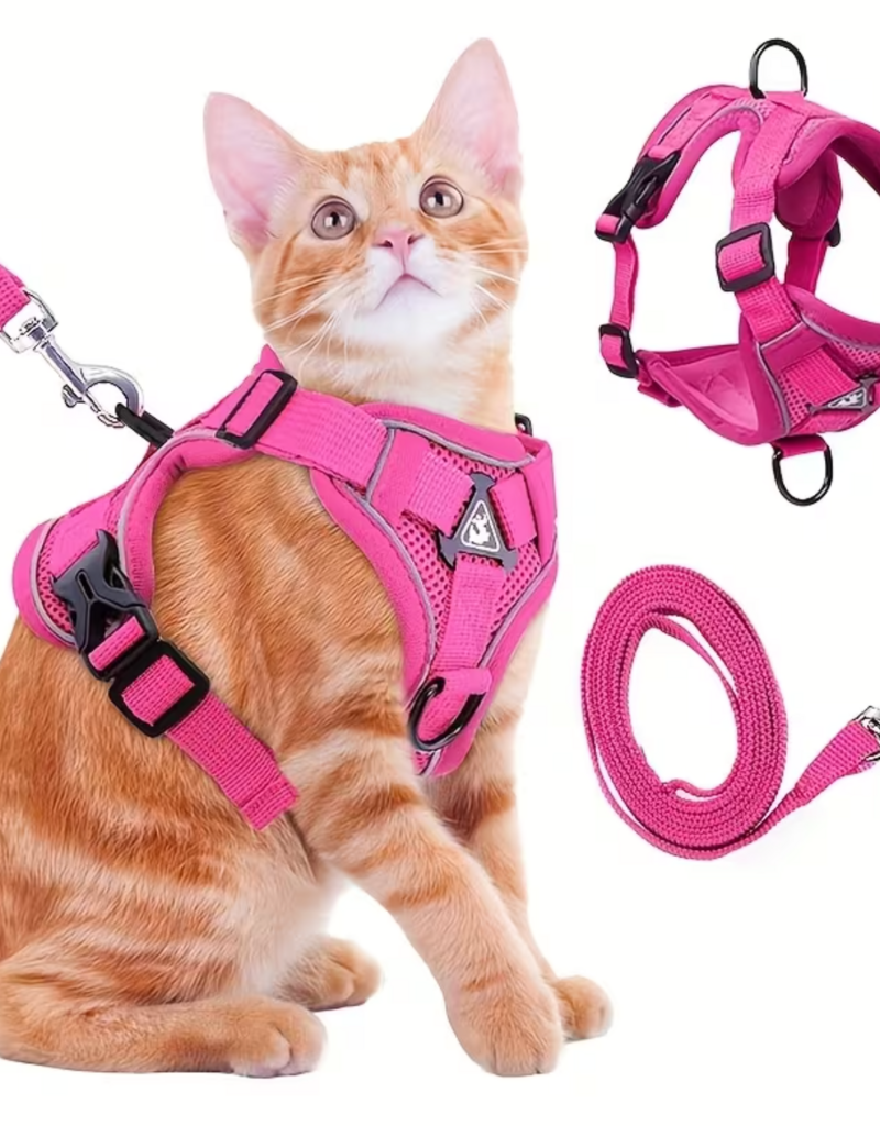 Temu Anti-Escape Adjustable Reflective Cat Harness with Leash - Pink - Large