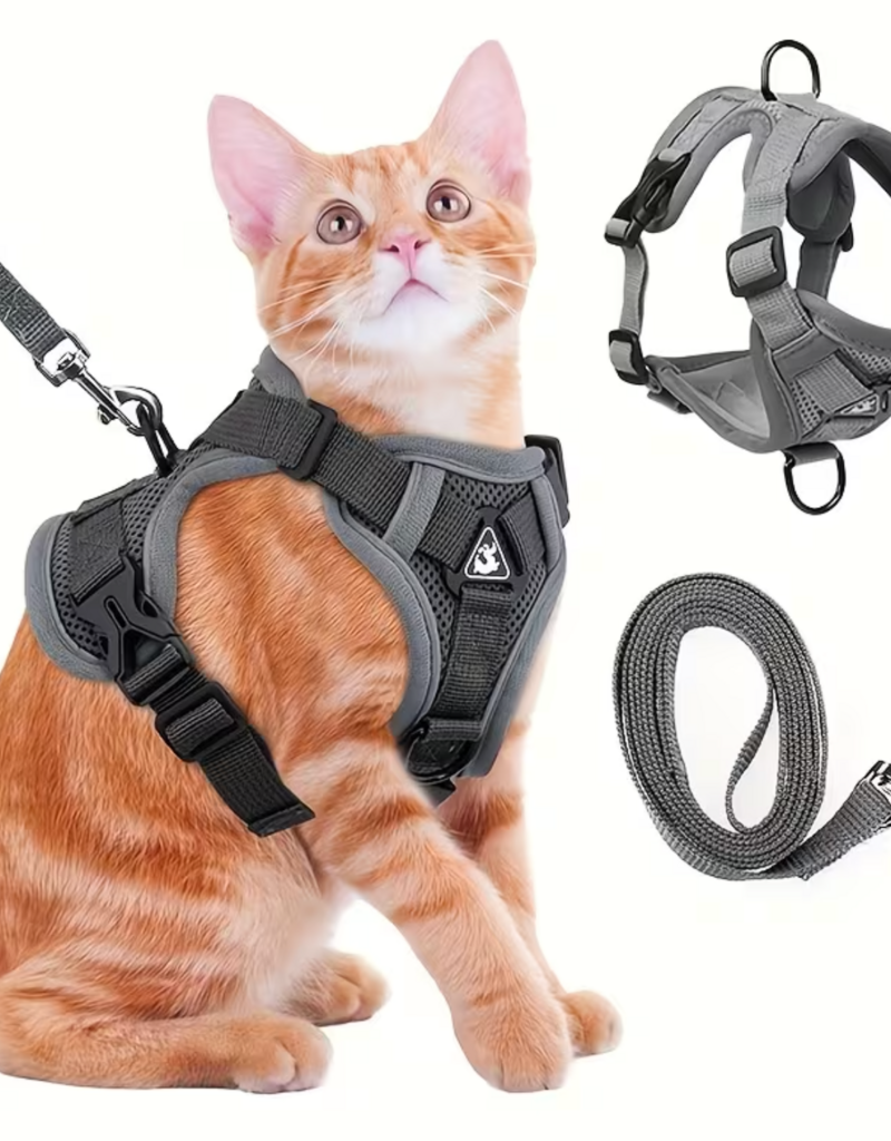 Temu Anti-Escape Adjustable Reflective Cat Harness with Leash - Grey - Medium