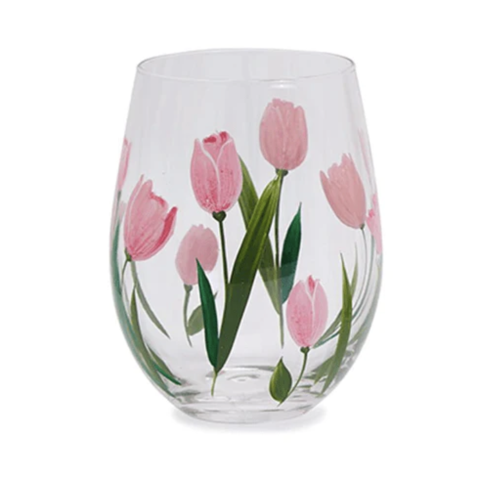 Twos Company Pink Tulips Stemless Wine Glass
