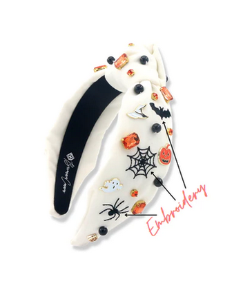 Brianna Cannon White Headband with Halloween Stitching, Charms & Crystals