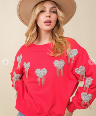 Ida Red Heart Fringe Sweater Top