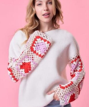 Ida Red Sleeve Heart Crochet Sweater
