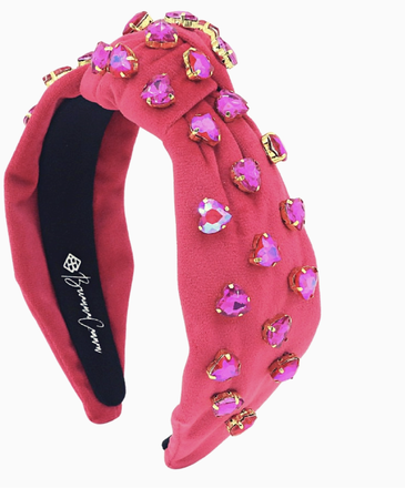 Brianna Cannon Hot Pink Velvet Headband with Hand-Sewn Hot Pink Crystal Hearts