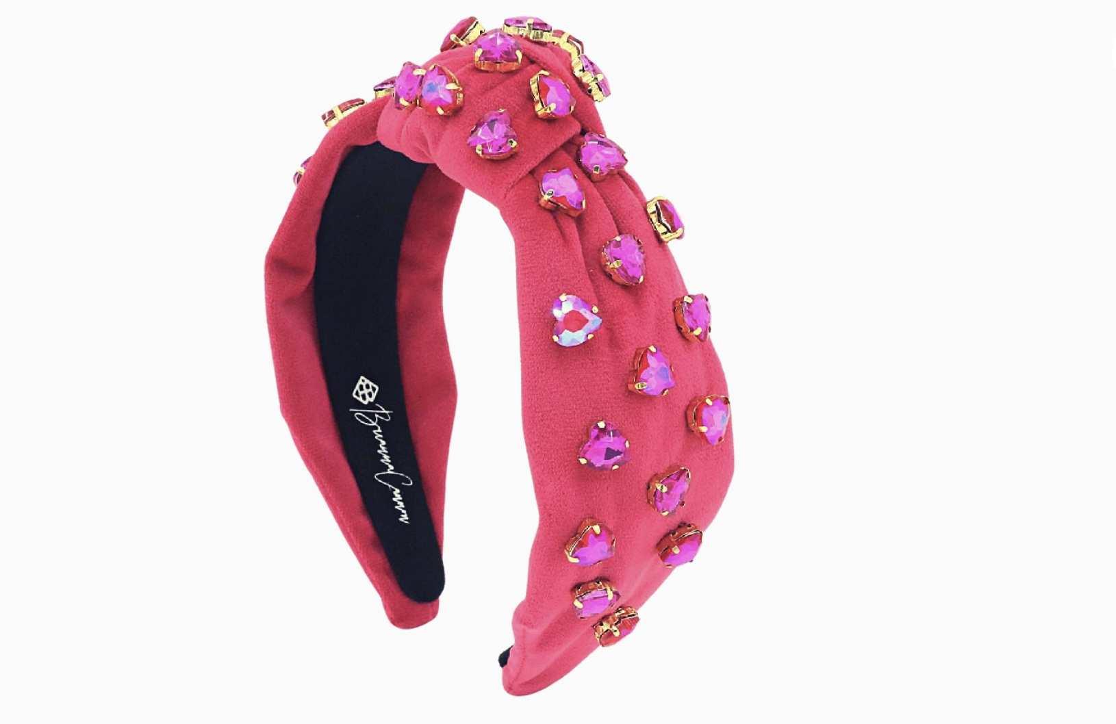 Brianna Cannon Hot Pink Velvet Headband with Hand-Sewn Hot Pink Crystal Hearts