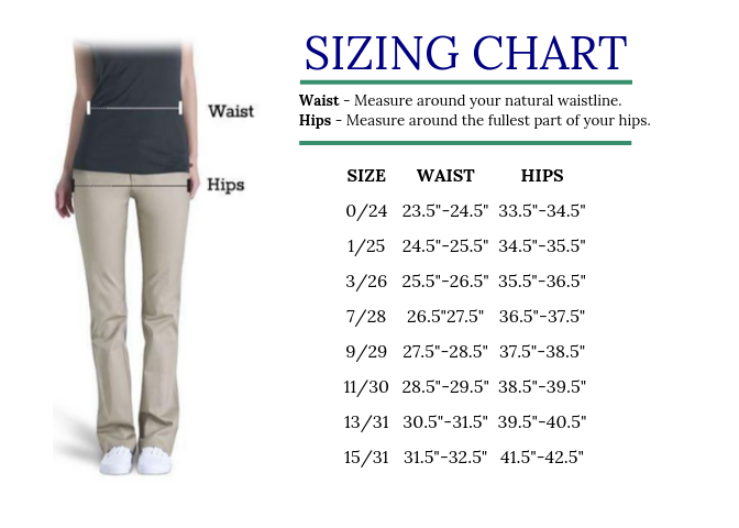 Dickies Girl Straight Leg Uniform Pant - Sizing Chart - CKW School Uniforms