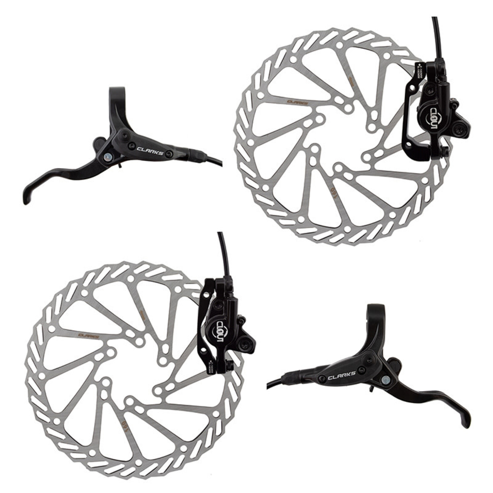 Clarks Clarks Clout-1 Hydraulic Brake Set Front & Rear w/Levers 160/180 Rotors, Black
