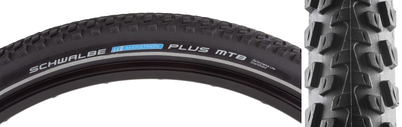 27.5x2.1 54 584 Schwalbe Marathon Plus MTB Tire Black Reflective Strip SmartGuard Dual Compound Wire Paradise Bikes
