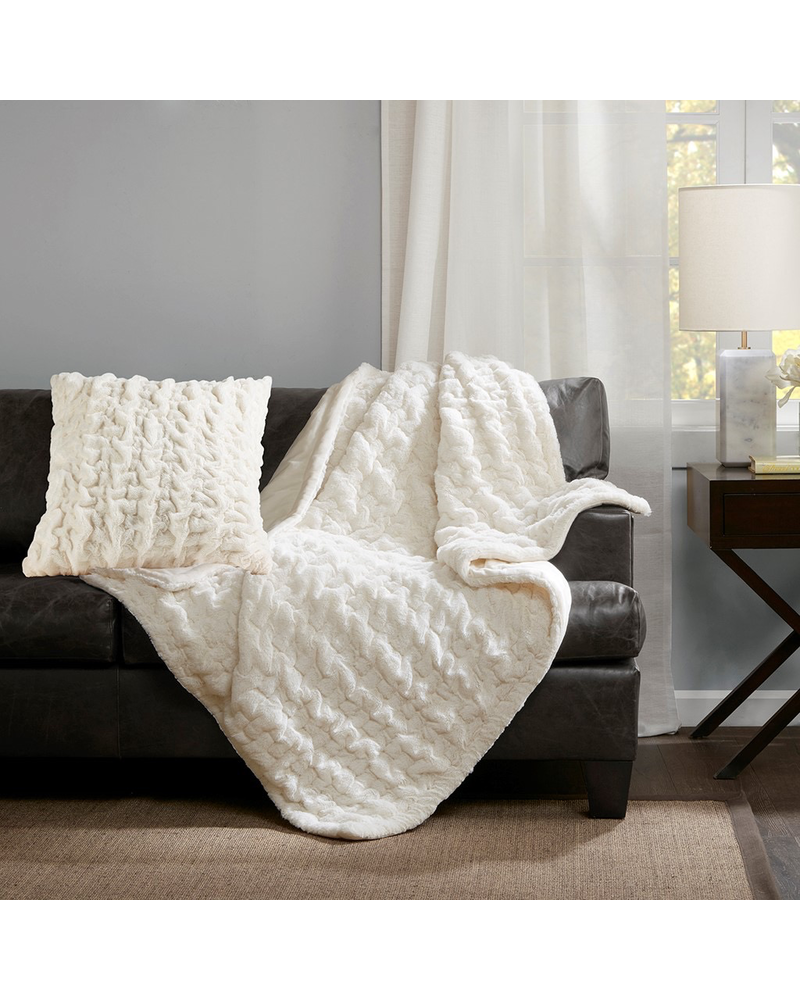 Olliix Ruched Fur Throw - Ivory