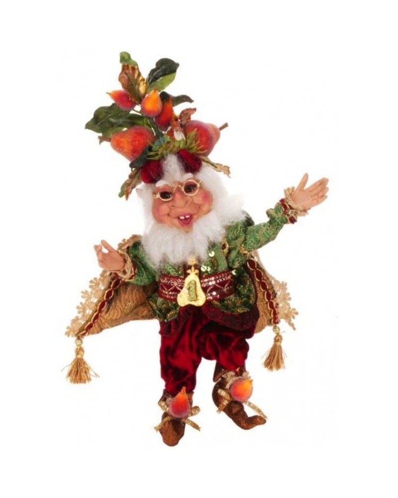 Mark Roberts The latest collectible series from Mark Roberts are the delightful new, 12 Days of Christmas Elves. The first, of course is the Partridge in a Pear Tree Elf wearing an appropriate pear tree head piece and a pear trimmed belt and pears on his turned up sho