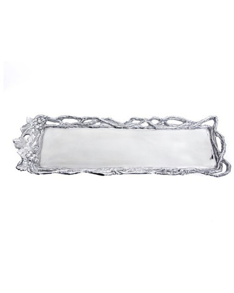 Arthur Court Designs Take a different, more unique approach to your serveware with this Grape Open Vine Oblong Tray from Arthur Court. <br />
<br />
Unpredictable vines twist along the edge of this piece to create an openwork border. Leaves and bundles of grapes fill in one side of the d