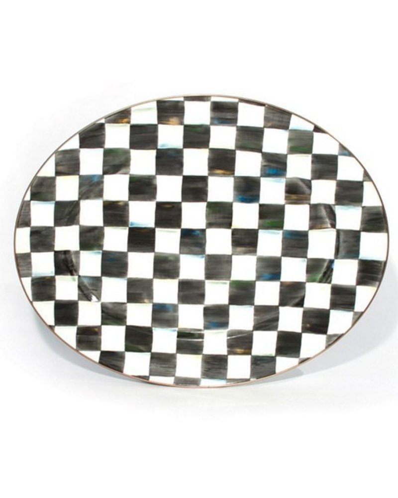 Mackenzie-Childs A welcome gift for the Courtly Check® collector, the Courtly Check® Large Oval Platter is a great addition to the dinner or buffet table. Hand-painted checks reveal a spectrum of accent colors. Steel underbody and bronzed stainless steel rim.