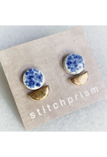 Circle Boat Stud Earrings - Blue Speckle/Gold