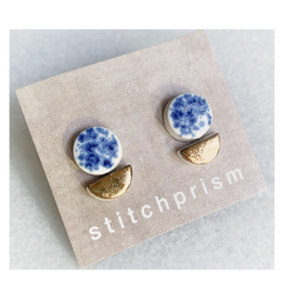 Circle Boat Stud Earrings - Blue Speckle/Gold