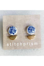 Circle Boat Stud Earrings - Blue Speckle/Gold