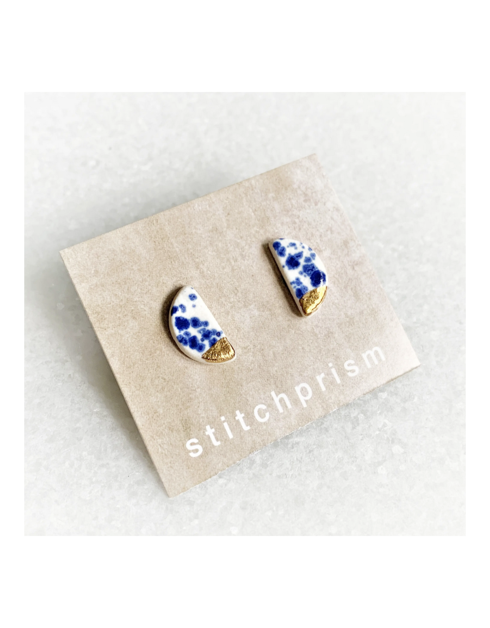 Half Moon Stud Earrings -  Blue Speckle /Gold