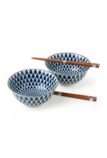 Blue & White Rain Bowl Set with Chopsticks