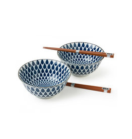 Blue & White Rain Bowl Set with Chopsticks
