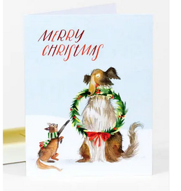 Cat & Dog Merry Christmas Wreath Greeting Card