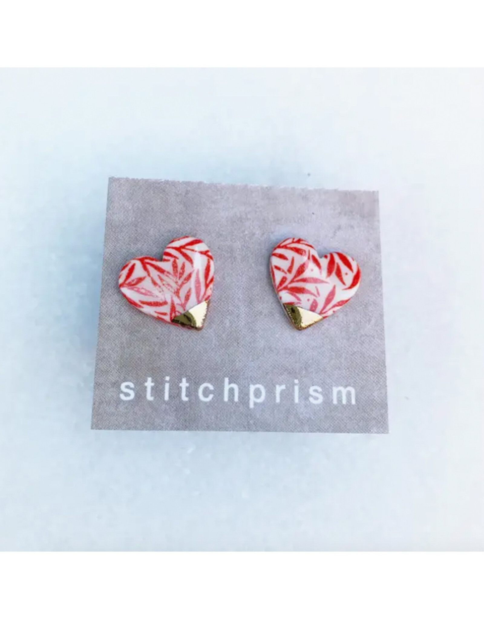 Medium Heart Stud Earrings - Red Leaf/Gold