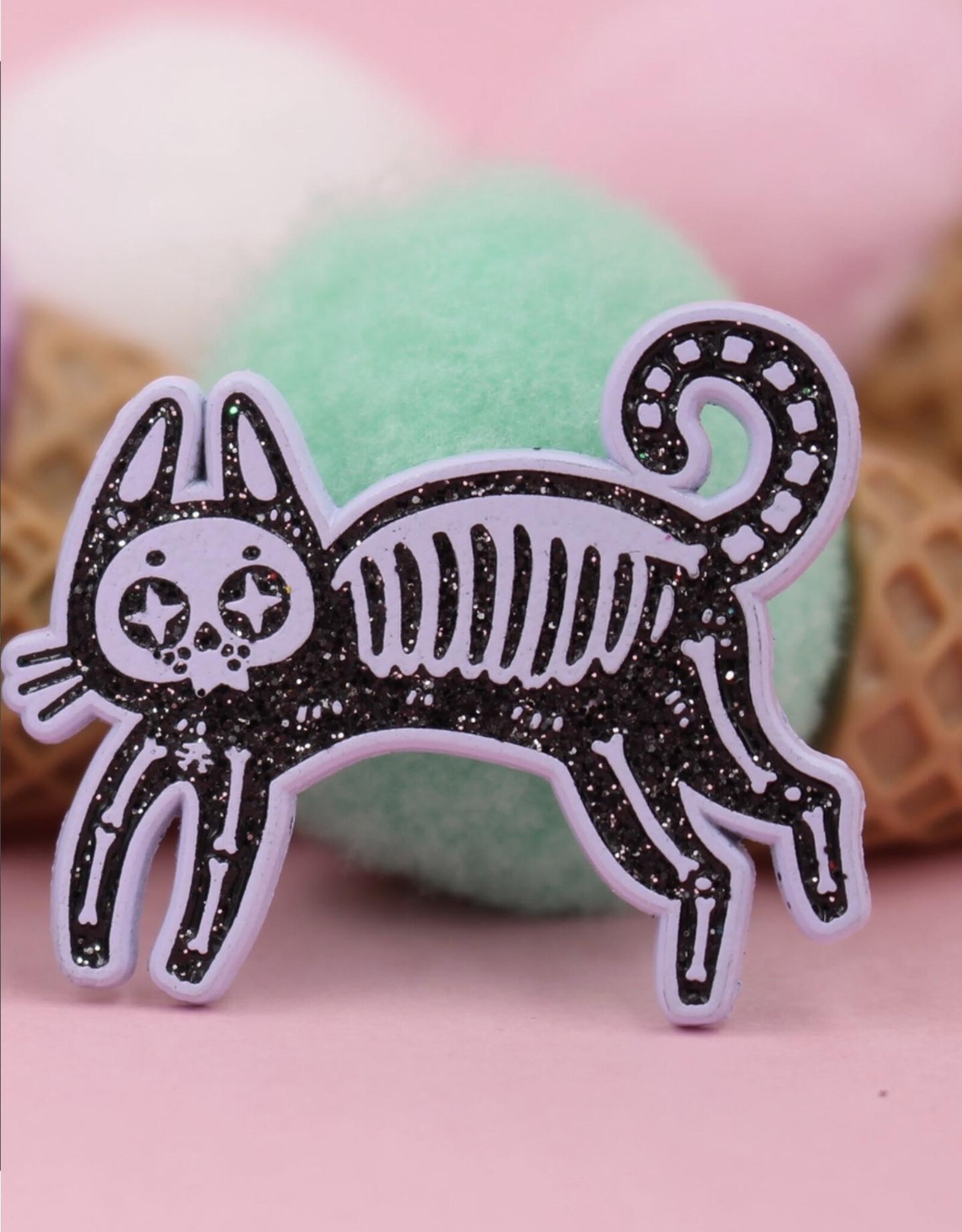Skeleton Cat - Black Glitter Enamel Pin