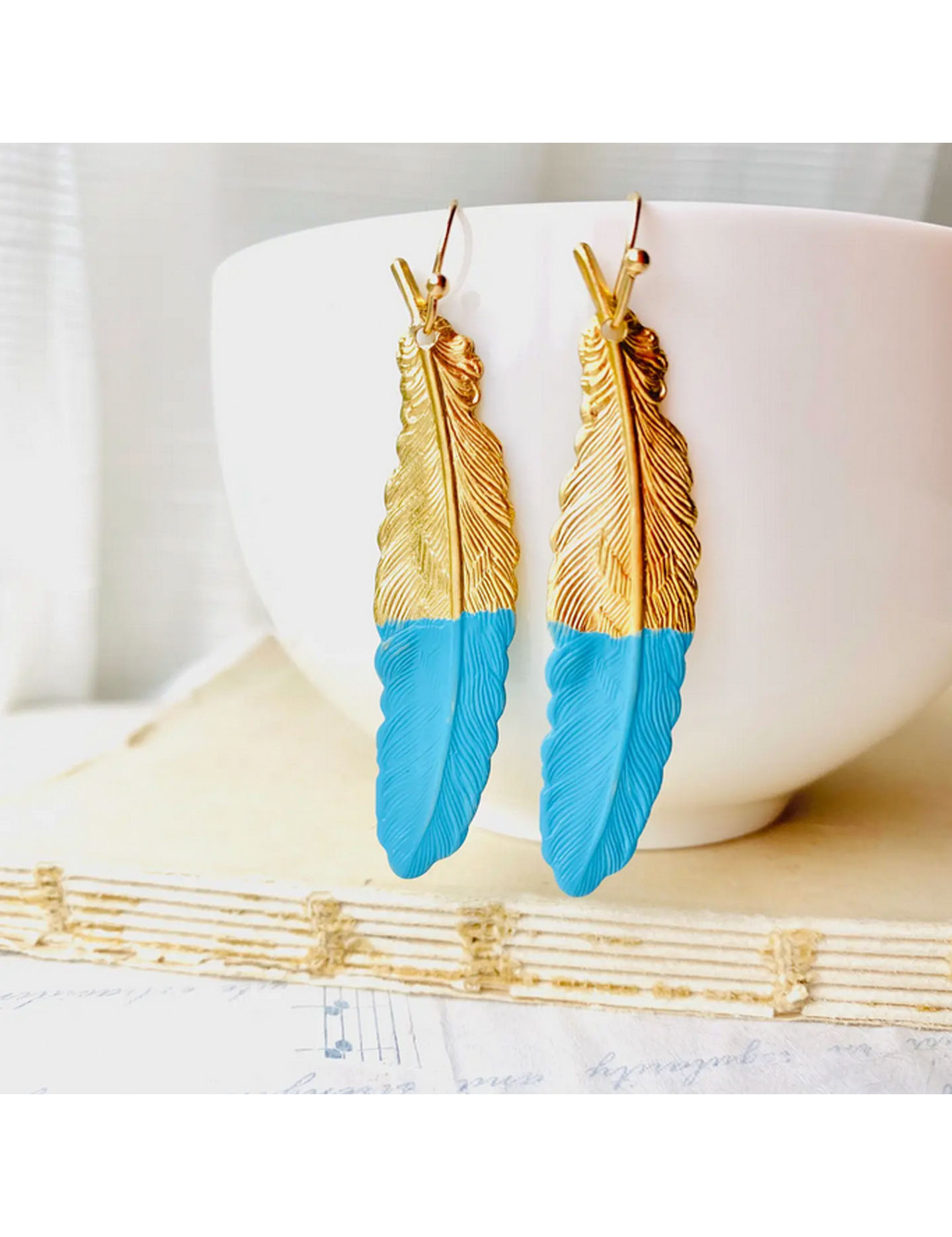 Feather Earrings in natural warm and blue colours, Boho earrings
