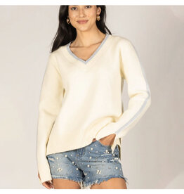 Knit V-Neck Contrast Sweater (Cream/Sky Blue)