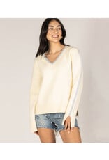 Knit V-Neck Contrast Sweater (Cream/Sky Blue)
