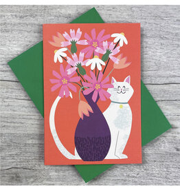 White Cat with Vase of Flowers Greeting Card