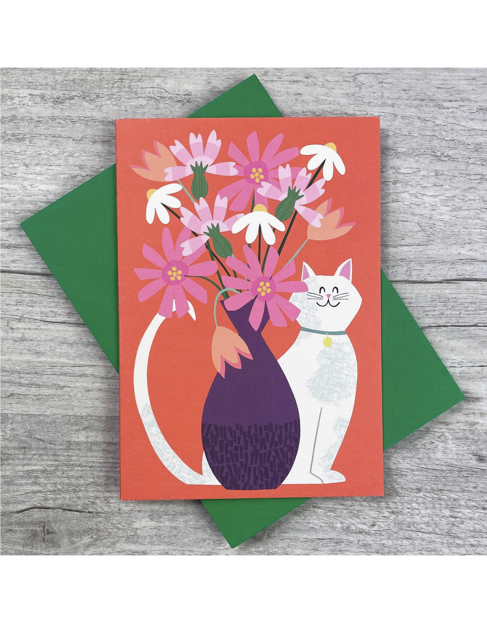 White Cat with Vase of Flowers Greeting Card