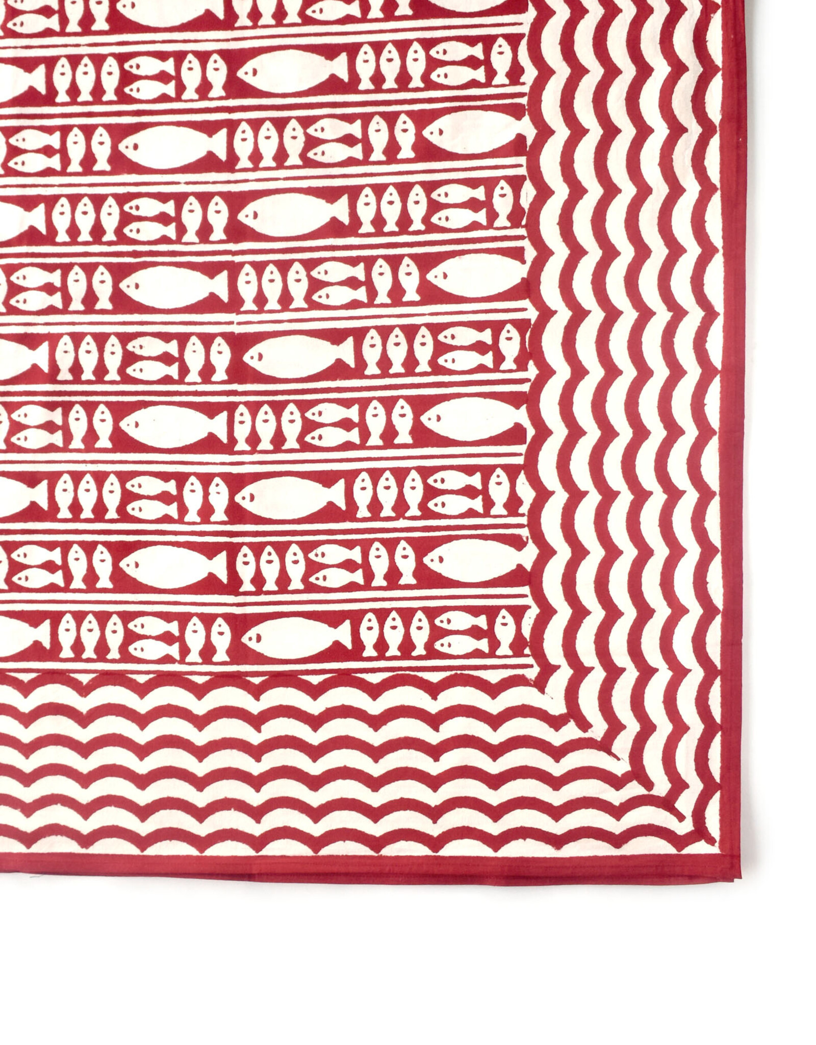 Red Striped Fish Block Print Tablecloth