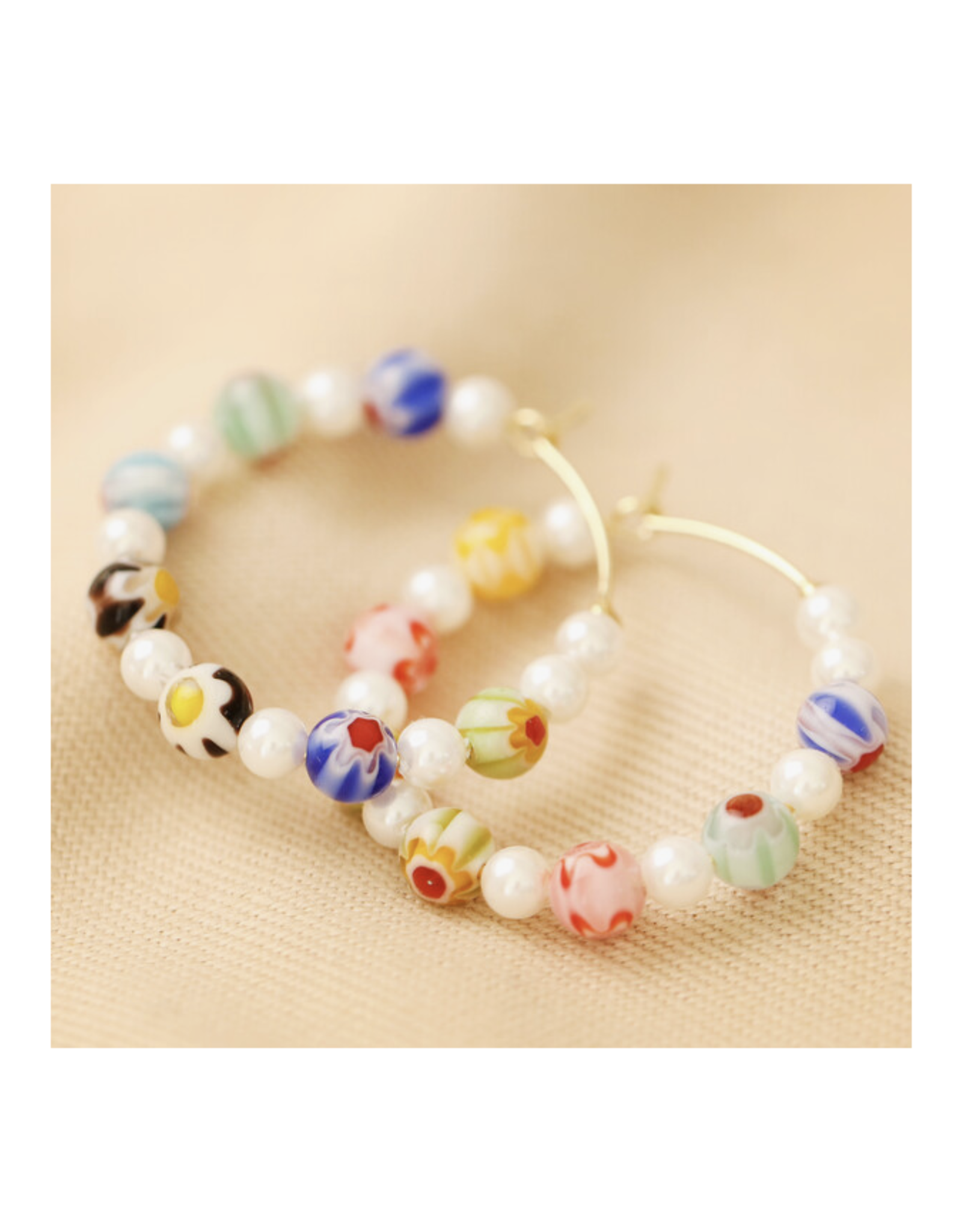 Millefiori Bead and Pearl Hoop Earrings