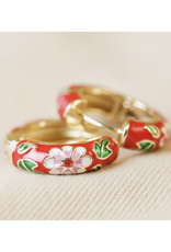 Red Cloisonné Hoop Earrings - Gold