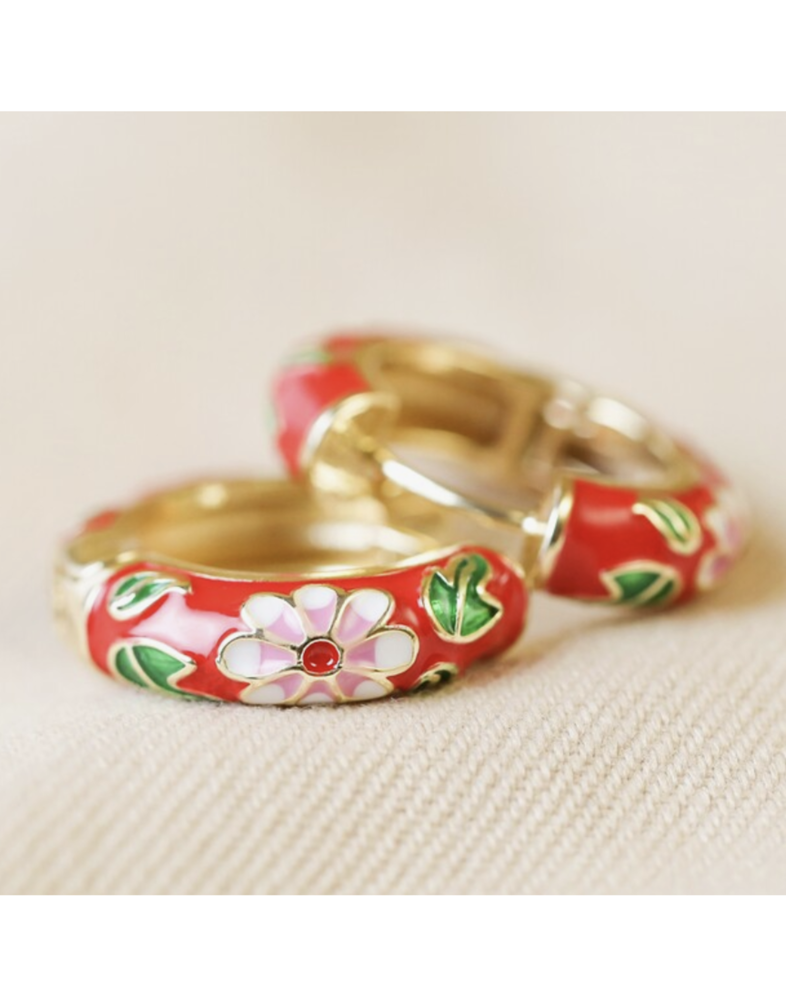 Red Cloisonné Hoop Earrings - Gold