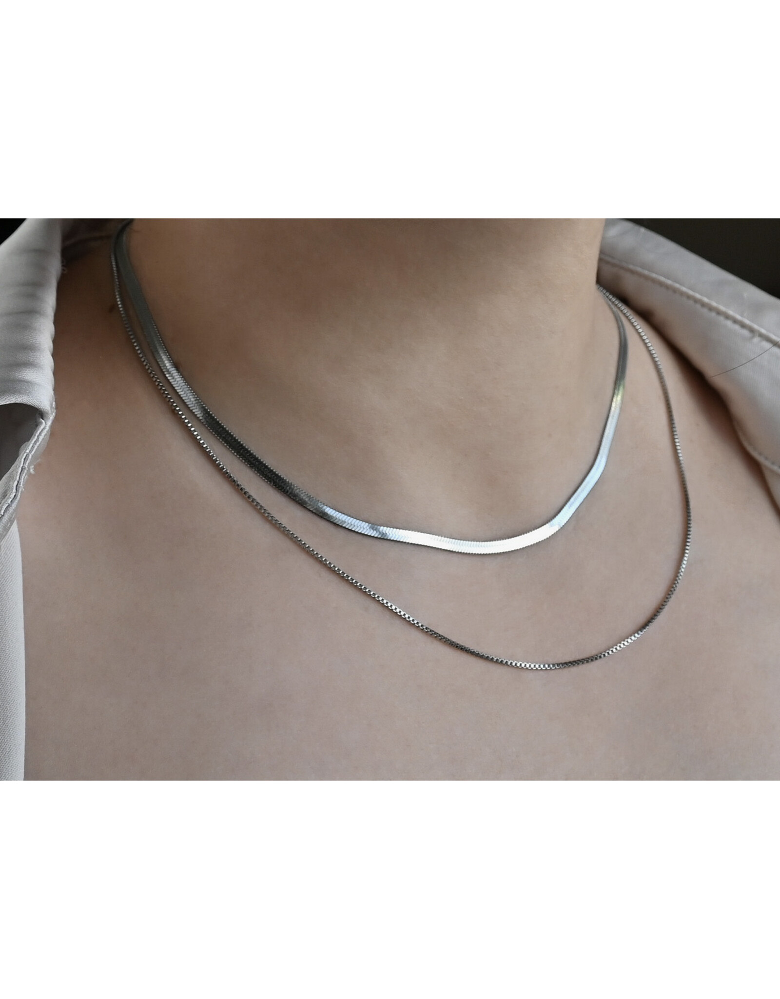 Layered Herringbone Necklace - Silver