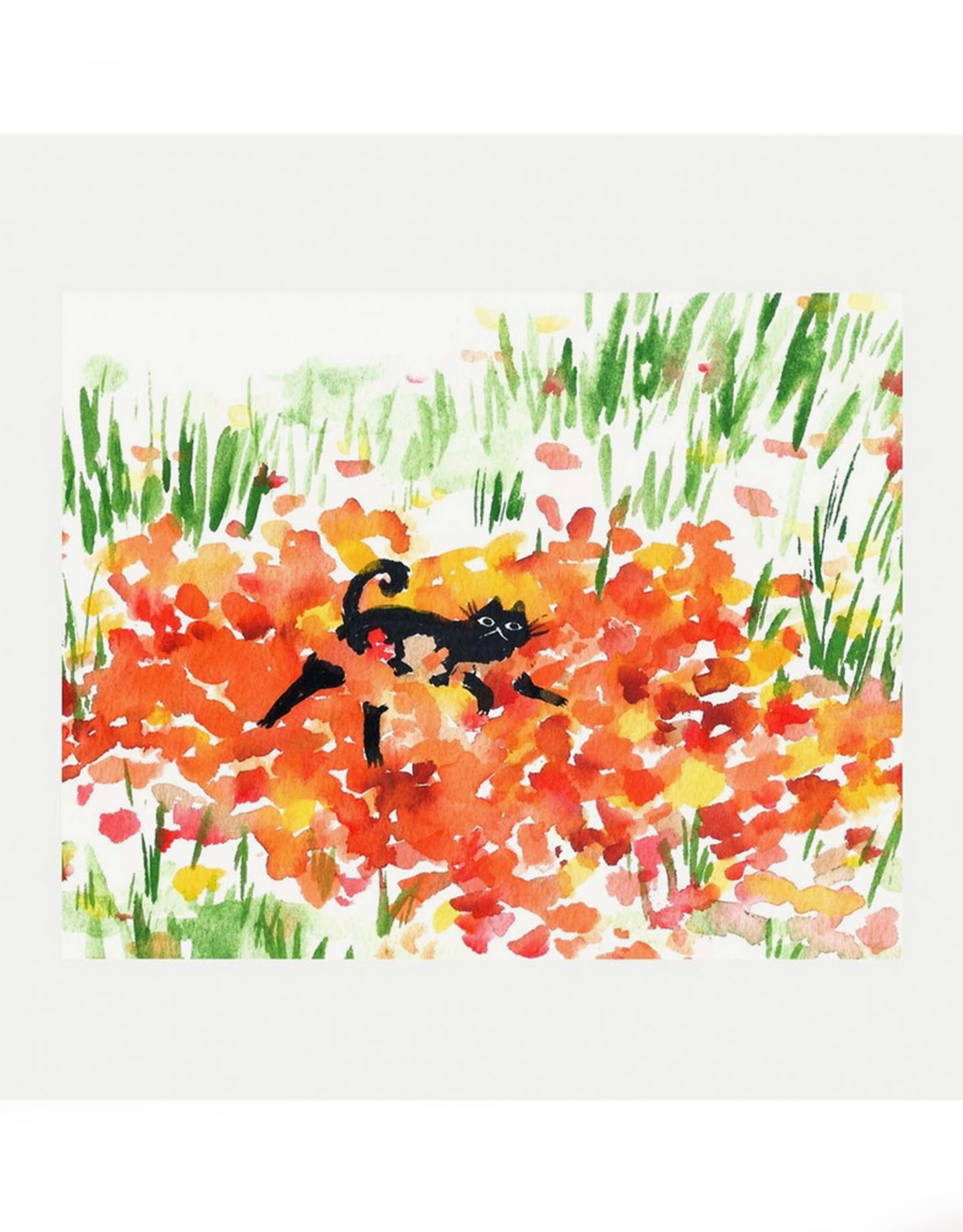 Black Cat Rolling in the Leaves Print