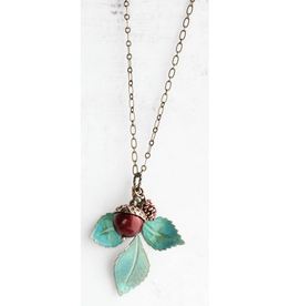 Verdigris Patina Branch Necklace - Cranberry Red