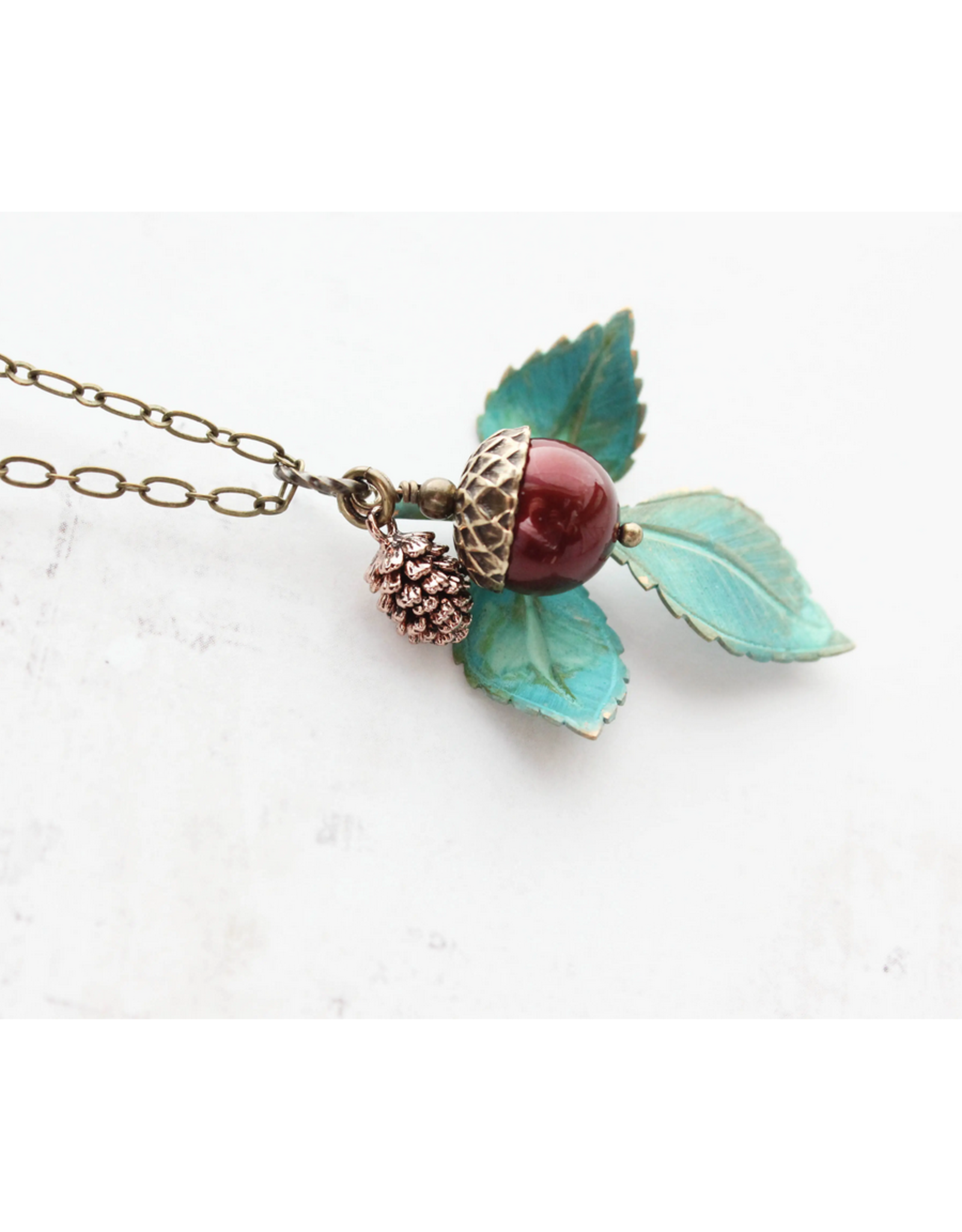 Verdigris Patina Branch Necklace - Cranberry Red *