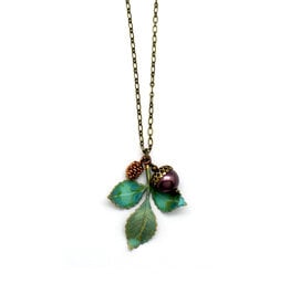 Verdigris Patina Branch Necklace - Plum Red