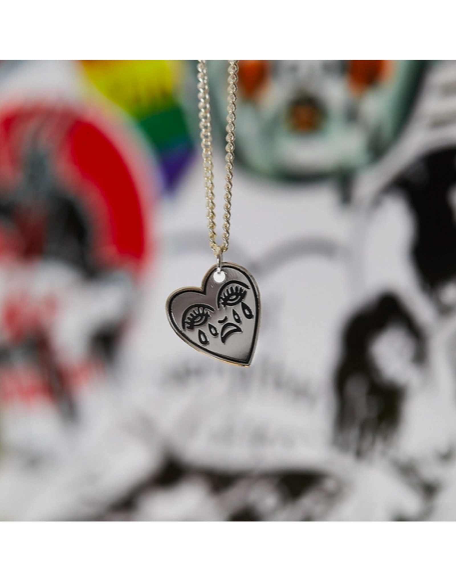 Crying Heart Charm Necklace - Silver