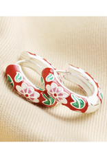 Red Cloisonné Hoop Earrings - Silver