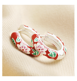 Red Cloisonné Hoop Earrings - Silver