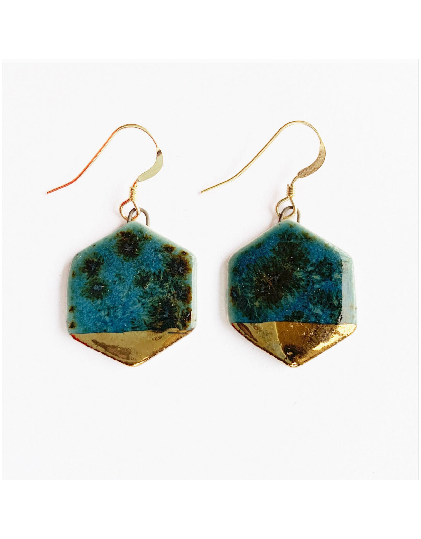 Small Hexagon Dangle Earrings - Deep Teal/Gold