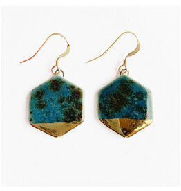 Small Hexagon Dangle Earrings - Deep Teal/Gold